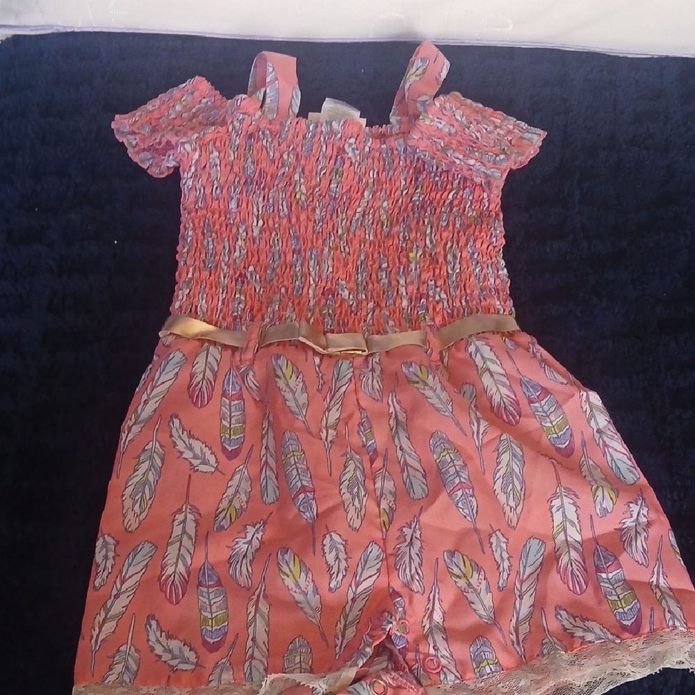 Little Lass Coral Feather-Print Smocked Romper